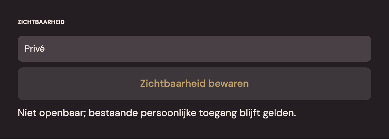 Foto-instelling met Privé geselecteerd en de knop Zichtbaarheid bewaren. De uitleg vermeldt dat bestaande persoonlijke toegang blijft gelden.