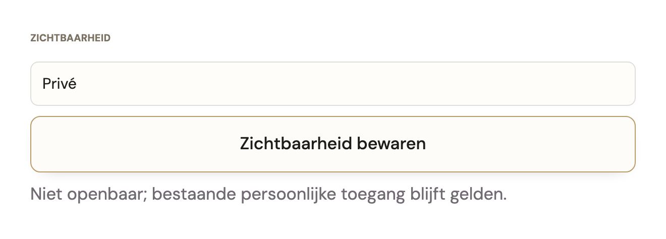Foto-instelling met Privé geselecteerd en de knop Zichtbaarheid bewaren. De uitleg vermeldt dat bestaande persoonlijke toegang blijft gelden.