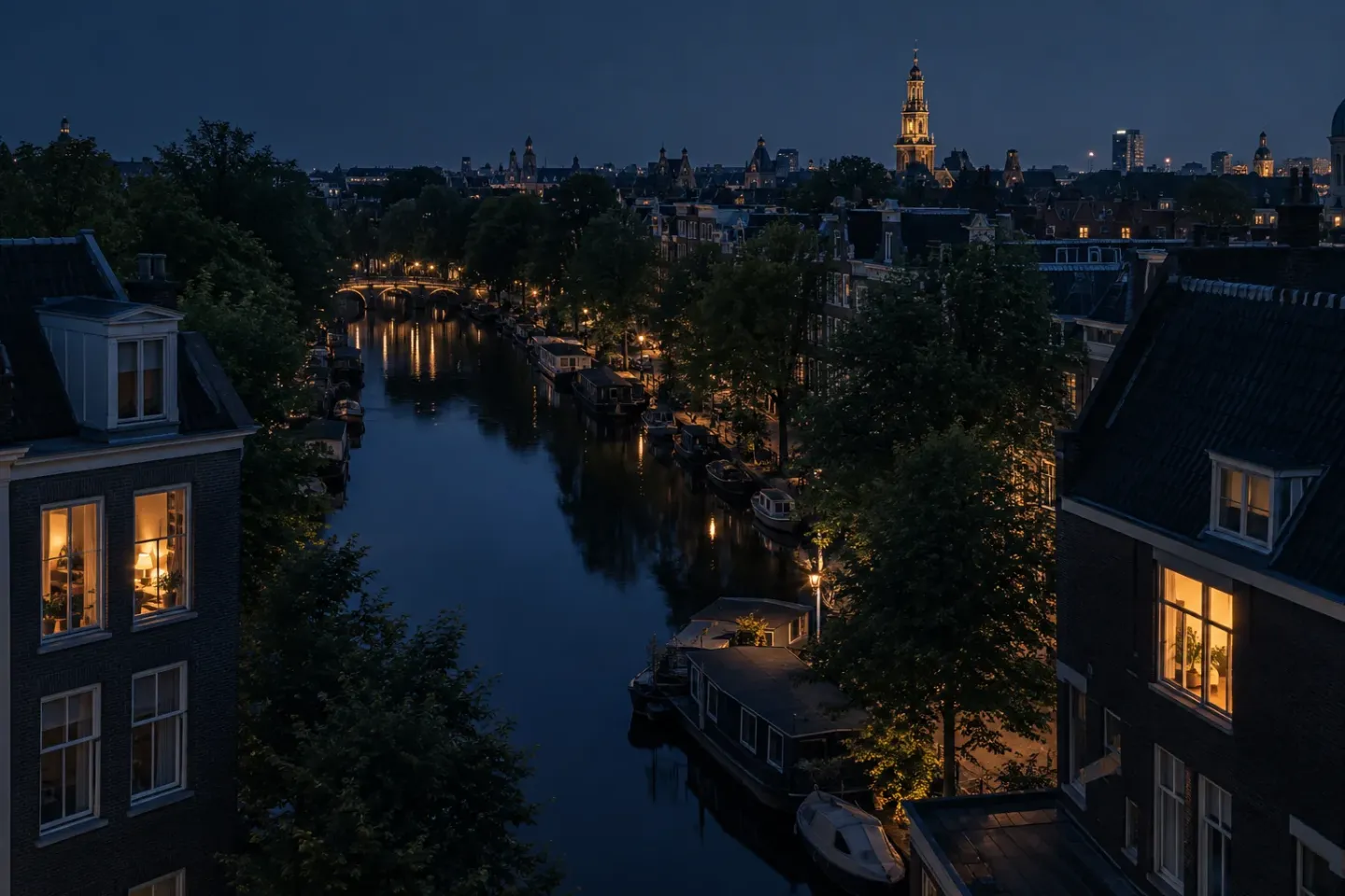 Een Nederlandse buurt met verlichte ramen in de avond