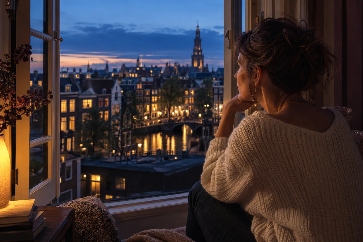 Een vrouw kijkt bij avondlicht uit over een Nederlandse stad