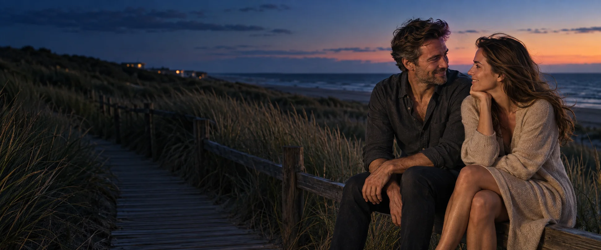Een man en vrouw in gesprek tussen de duinen aan zee bij zonsondergang